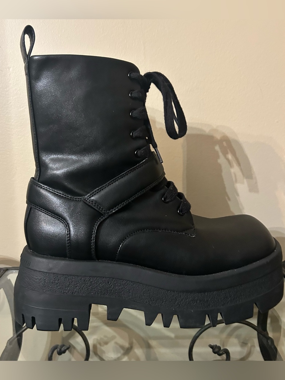Charles & Keith Black Platform Combat Boots with Strap